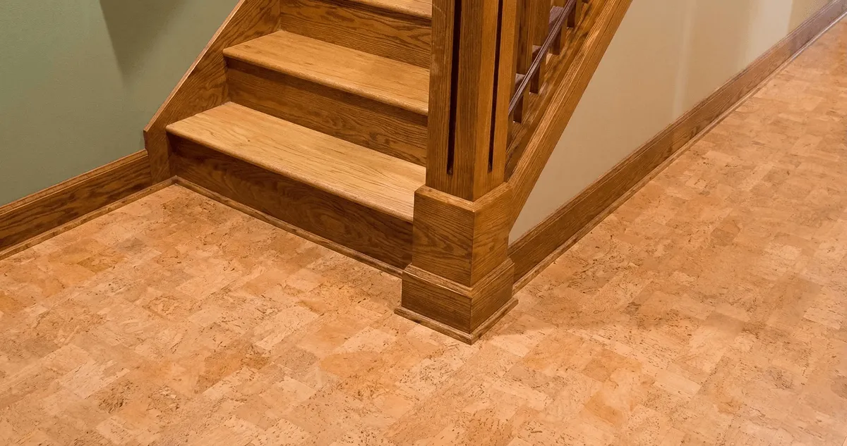 End of a staircase with cork flooring in Eugene, OR